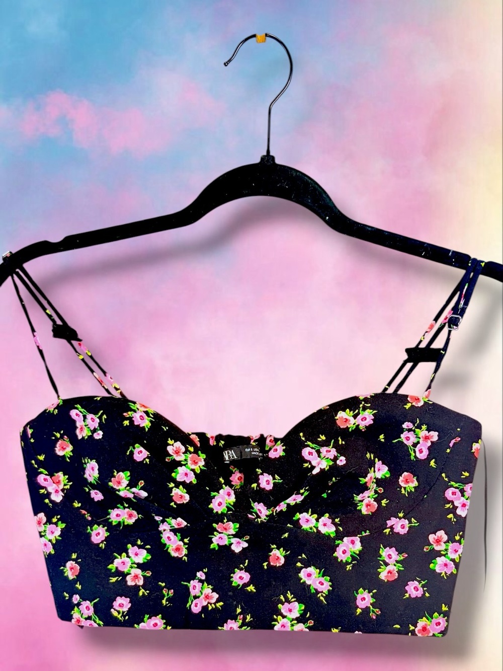 Zara Floral Bustier Camisole Top in Black with Pink Roses